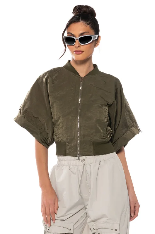 women's coats with velvet finishesREPORTING FOR DUTY SHORT SLEEVE BOMBER