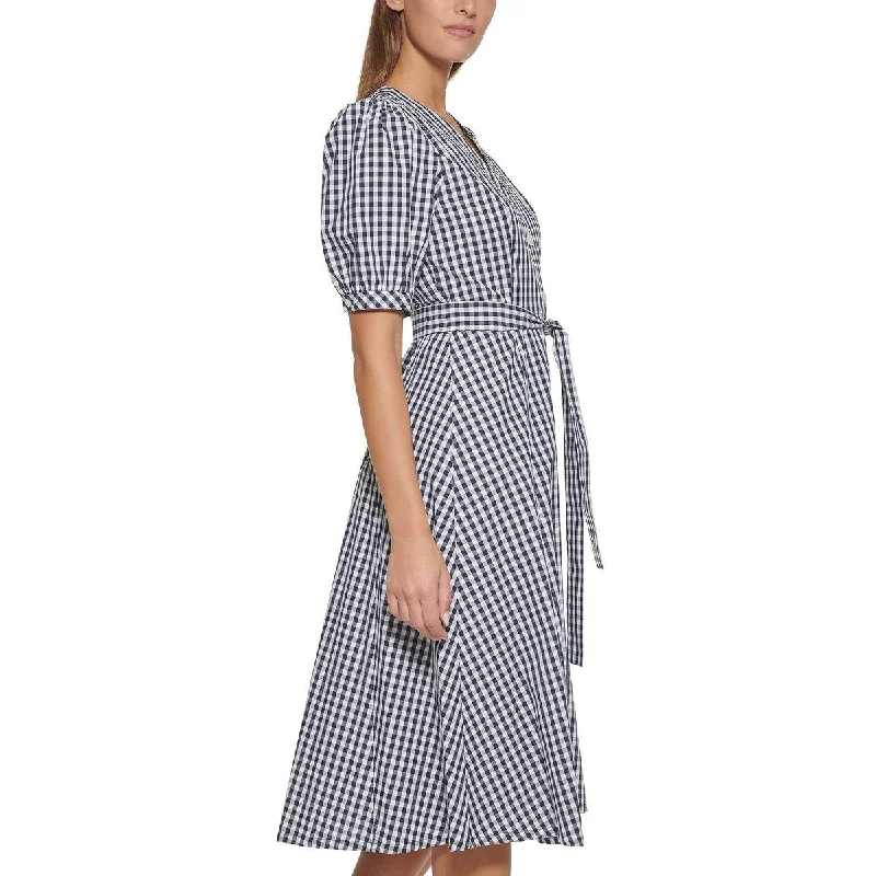 women's denim dressesTommy Hilfiger Women's Gingham Elbow Sleeves Midi Dress Blue Size 2