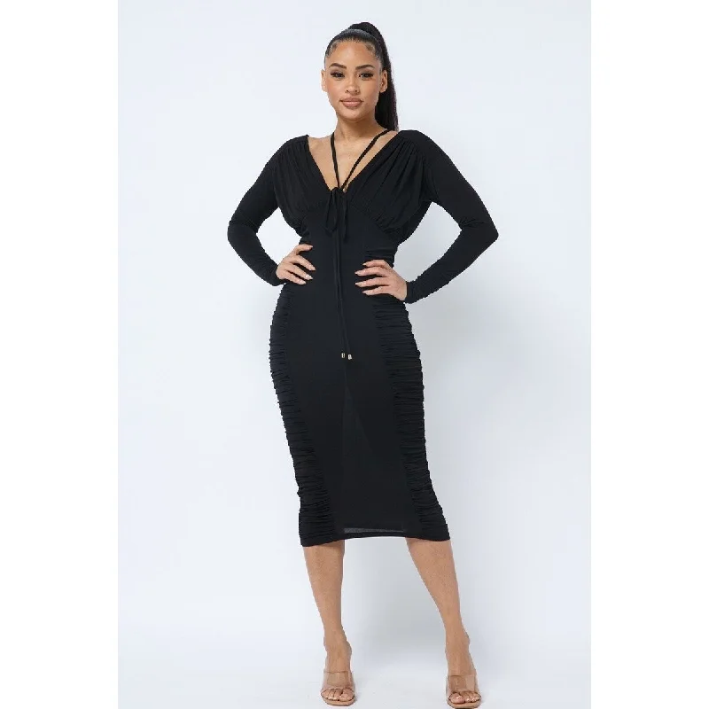 Sleeveless DressBlack Long Sleeve Midi Dress with Low V-Neck and Back