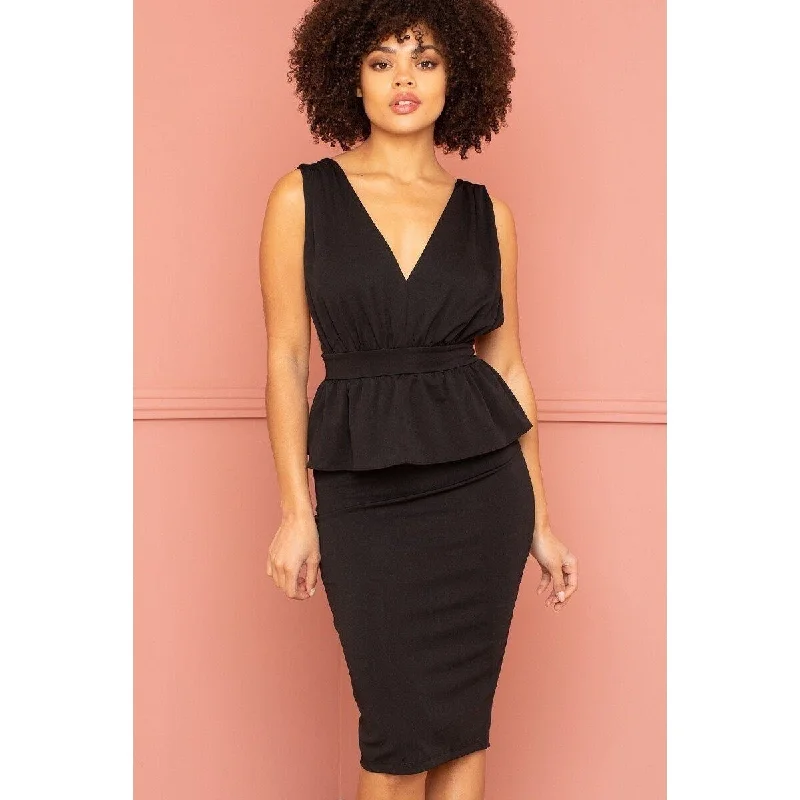 Plunging Neckline DressBlack Shimmer Peplum Midi Dress with Shirring on Waist and Shoulder