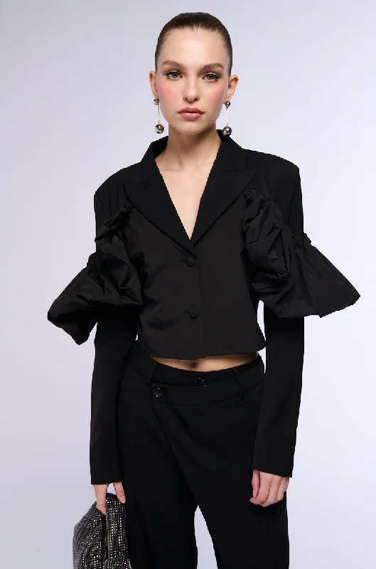 women's coats for pear-shaped bodiesILLUSION OFF DRAPED SHOULDER CROP BLAZER