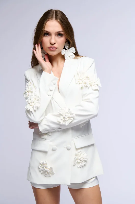 women's coats for business casual attireRUMI MONOCHROME FLORAL BLAZER IN WHITE