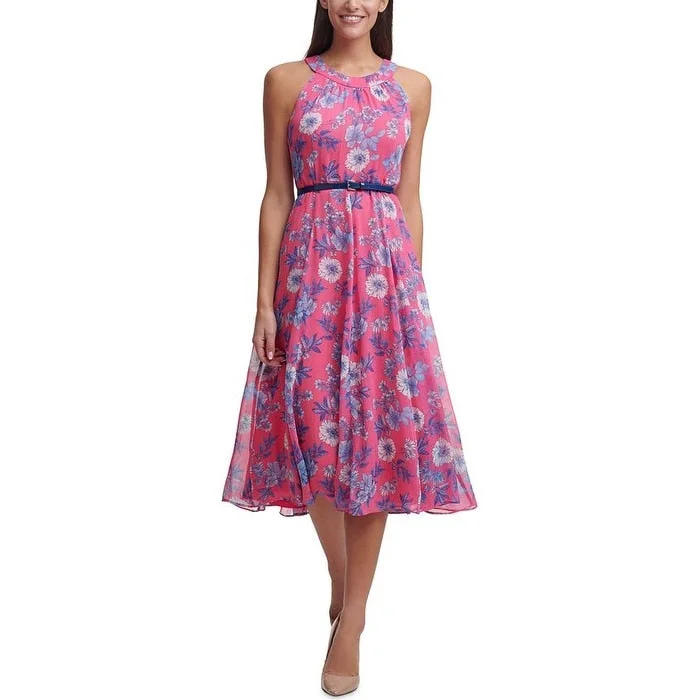 Cut-Out DressTommy Hilfiger Women's Floral Chiffon Belted Midi Dress Pink Size 14