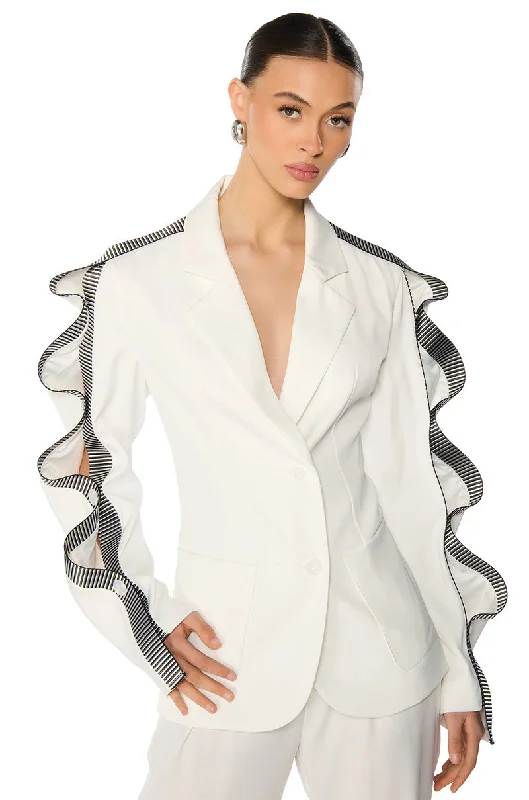 women's coats with Victorian-era influencesWAVY RIBBON PEEKABOO ARM BLAZER IN WHITE