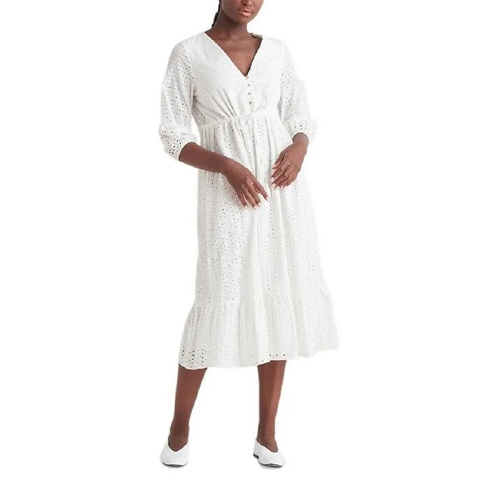 women's flutter-sleeved dressesBlack Tape Women's Buttoned Eyelet Midi Dress White Size Small