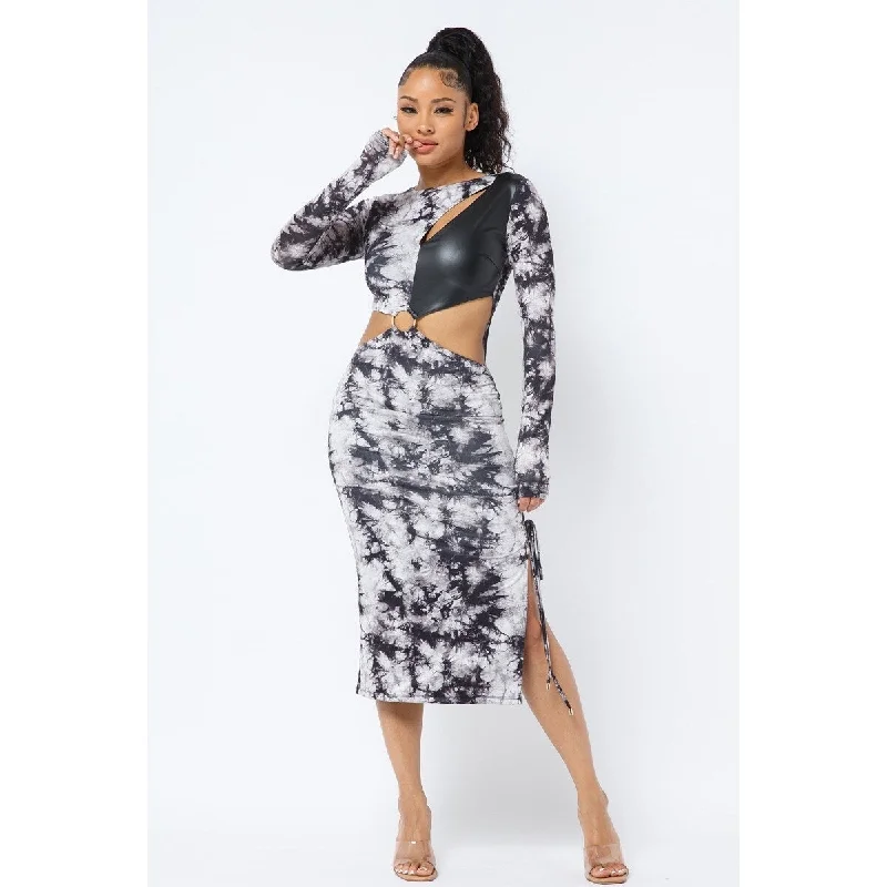 Button-Down DressChic Tie Dye Long Sleeve Midi Dress with Edgy Cut Out and PU Leather Details