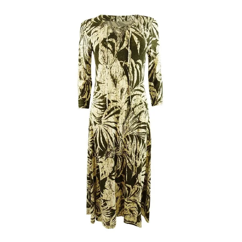 women's wedding guest dressesLauren Ralph Lauren Women's Palm Leaf Print Jersey Midi Dress (2, Farm Olive)