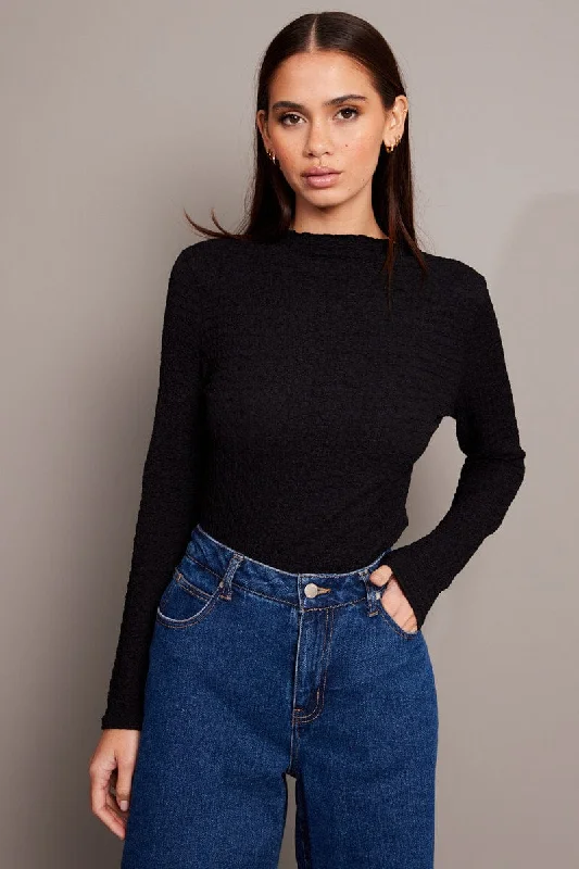 chic women's tops for everyday wearBlack Textured Top Long Sleeve High Neck