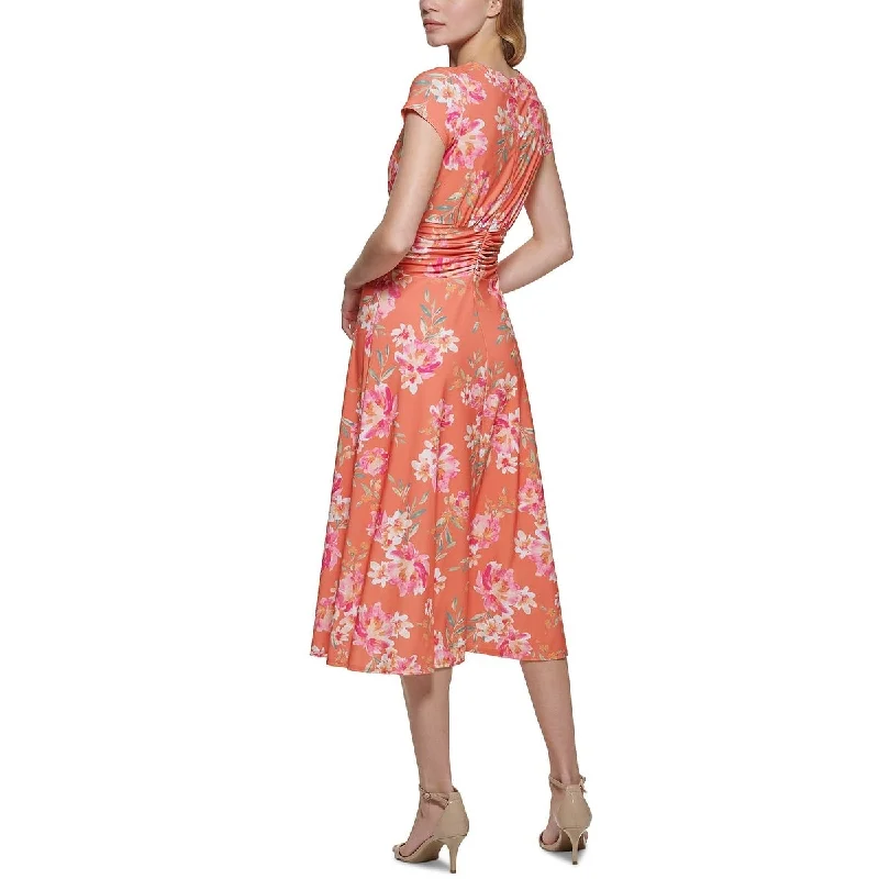 Metallic DressVince Camuto Women's Floral Twist Front Midi Dress Orange Size 8