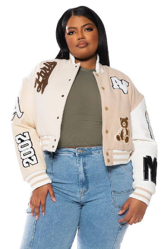 lightweight women's coatsPLUS AZALEA WANG BEIGE RUELA VARSITY JACKET