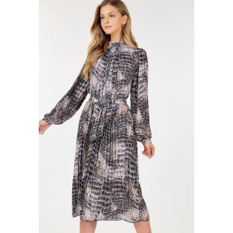 Wrap DressLong Sleeve Pleated Snake Skin Print Midi Dress