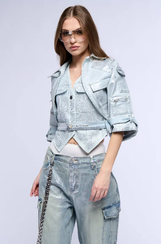 women's coats for minimalist aestheticsCARGO CROPPED CUT METALLIC DENIM JACKET