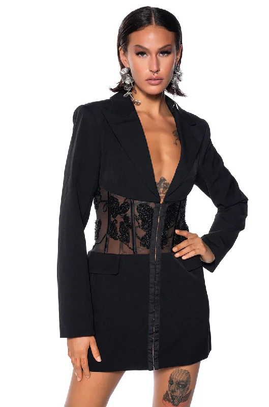 women's coats for pear-shaped bodiesHAND BEADED MESH CORSET BLAZER