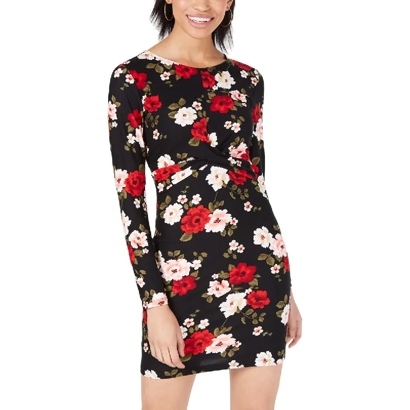 women's sustainable dressesPlanet Gold Women's Juniors Floral Print Twist Front Long Sleeve Mini Dress