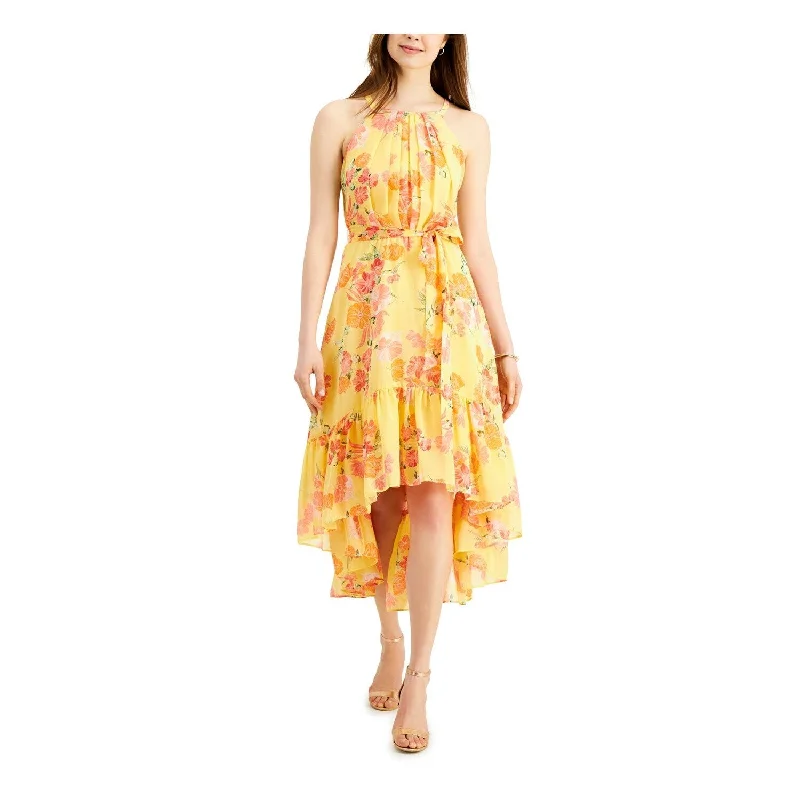 women's A-line dressesVince Camuto Women's Zippered Sheer Tie Belt Lined Floral Sleeveless Halter Midi Party Fit Flare Dress Yellow Size 12