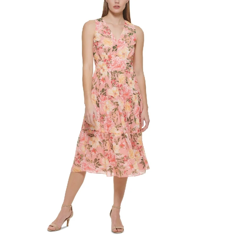 women's unique dressesVince Camuto Women's Floral Sleeveless Tiered Ruffle Midi Dress Pink Size 6