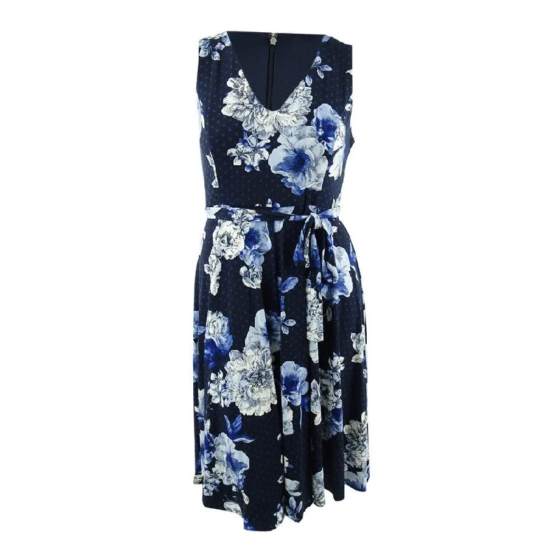 women's eco-friendly dressesTommy Hilfiger Womens Floral V-Neck Fit & Flare Midi Dress, Blue, 14