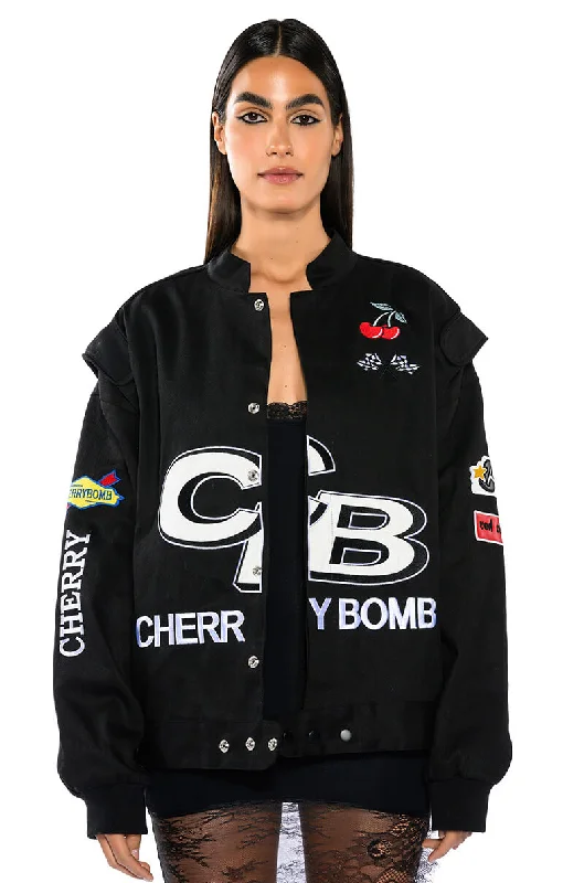 sustainable women's coatsCHERRY BOMB OVERSIZED RACER BOMBER