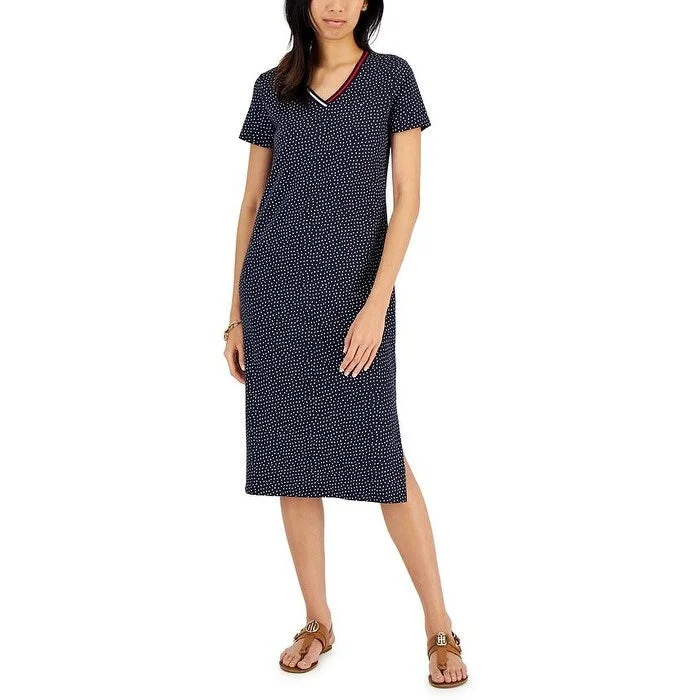 women's cold-shoulder dressesTommy Hilfiger Women's Polka Dot Midi Dress Blue Size X-Small