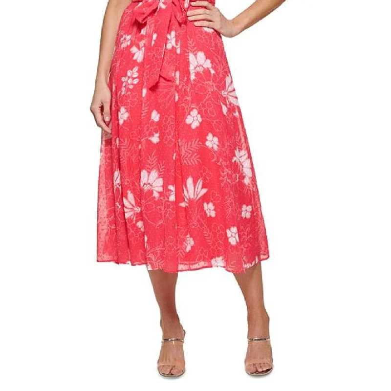 women's apple-shaped body dressesDkny Women's Floral Print Clip Dot Midi Dress Pink Size 12