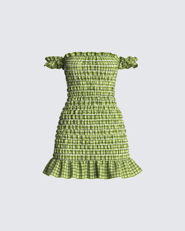 Short-Sleeve DressEverly Green Plaid Mini Dress