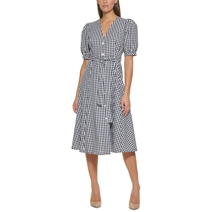 Short-Sleeve DressTommy Hilfiger Women's Gingham Midi Dress Blue Size 16