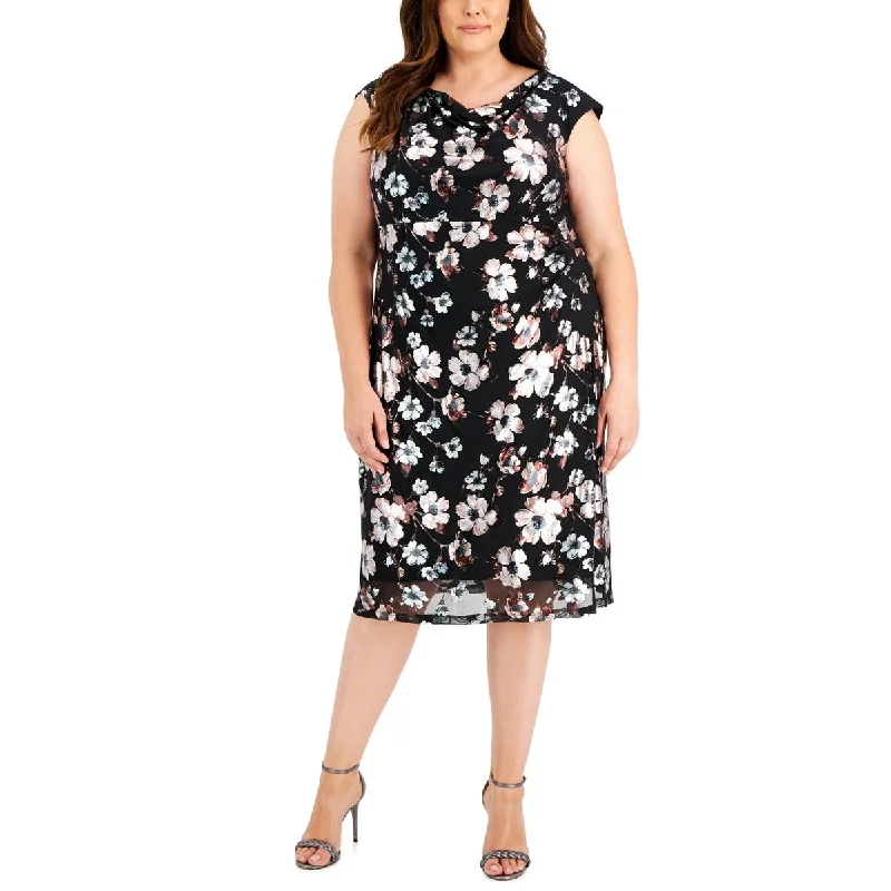 Casual DressConnected Apparel Women's Printed Cowlneck Midi Dress Black Size 22W