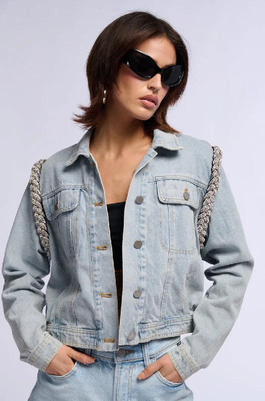 women's coats for boho-chic stylesDIAMOND ROPE LIGHT WASH DENIM JACKET