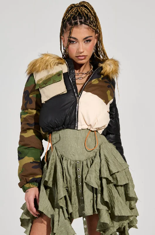 women's coats with military-inspired designsBENDITA CROPPED PATCHWORK PUFFER