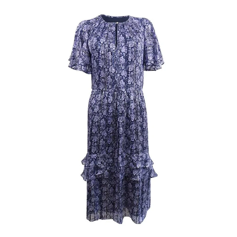 women's fashionable dressesShoshanna Women's Willow Paisley Lurex Midi Dress (8, Navy/Lavender/Gold)