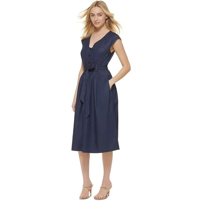 Zipper DressDKNY Women's Denim Cap Sleeve Tie Waist Midi Dress Blue Size 6