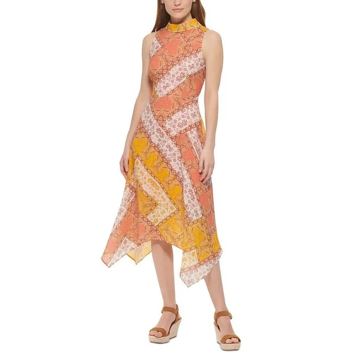 women's silk dressesVince Camuto Women's Scarf Print Handkerchief Midi Dress Orange Size 8