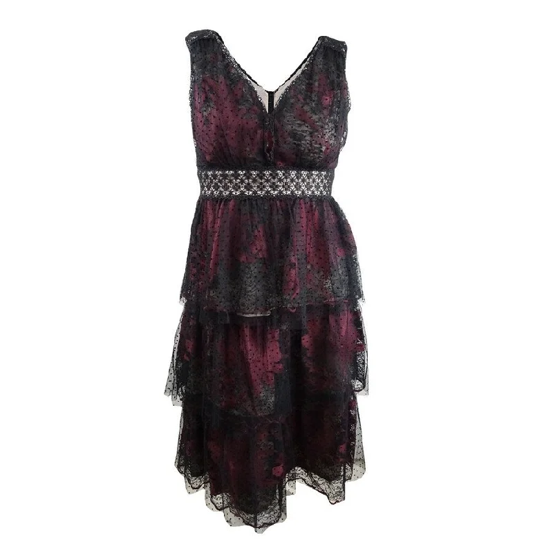 Neon DressTaylor Women's Tiered Lace Tulle Midi Dress (6, Black/Burgundy)