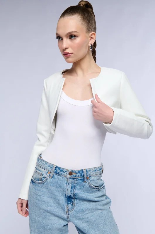 women's coats for cozy nights inMASTER CROP ANGLE FAUX LEATHER BLAZER IN WHITE