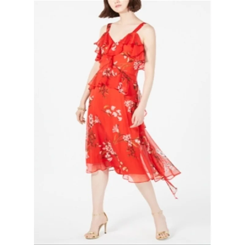 women's fair-trade dressesTaylor Women's Floral Print Ruffled Midi Dress Red Size 2