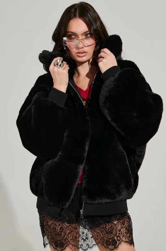 women's coats for those who seek both warmth and flairDREW STREET LONG FAUX FUR ZIP UP JACKET IN BLACK