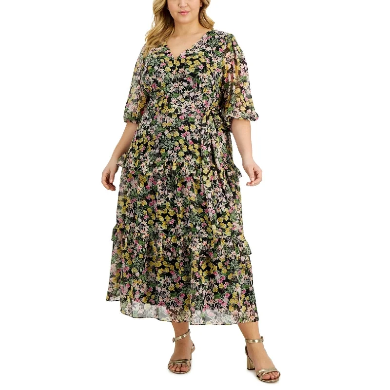 Flowy DressTaylor Women's Floral Print Faux Wrap Midi Dress Black Size 18W