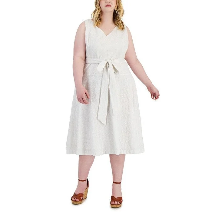 women's empire-line dressesTaylor Women's Zippered Belted Lined Sleeveless V Neck Midi Wear To Work Fit Flare Dress White Size 20W