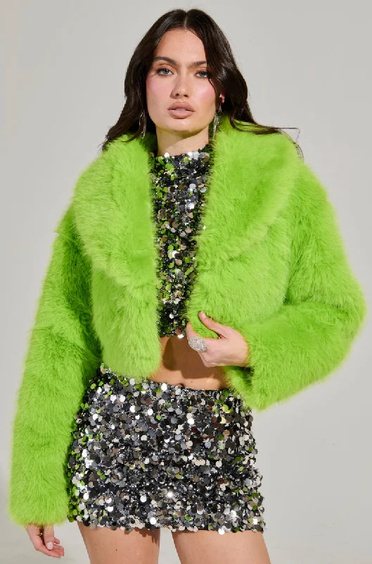 women's coats for breastfeeding mothersLIGHTS OUT CROPPED FAUX FUR JACKET IN LIME