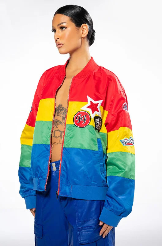 women's coats for those who want to make a fashion statementMULTI COLOR RACING VARSITY BOMBER