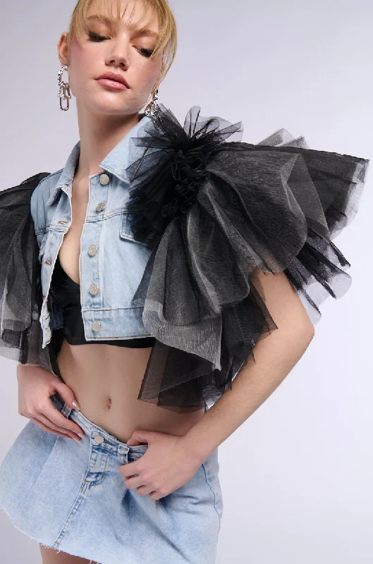 women's coats for those who appreciate timeless fashionBEBE LUXE TULLE SHOULDER CROPPED DENIM VEST