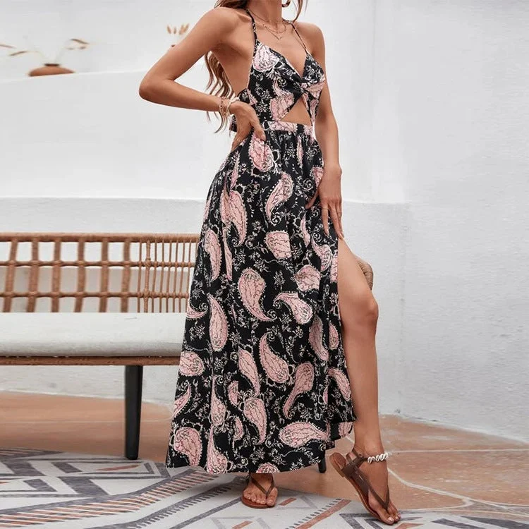 Velvet DressFlume Palm Print Cutout Slit Maxi Dress