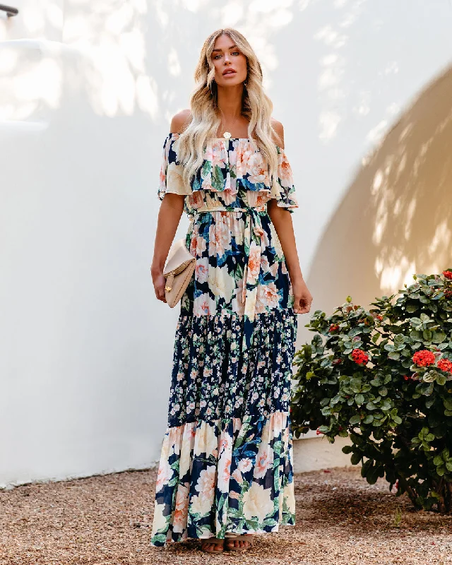 Ball Gown DressPetal Power Floral Off The Shoulder Maxi Dress - Navy