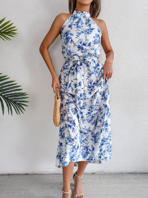 Jersey DressSure Thing Floral Chiffon Halter Maxi Dress - Blue - FINAL SALE