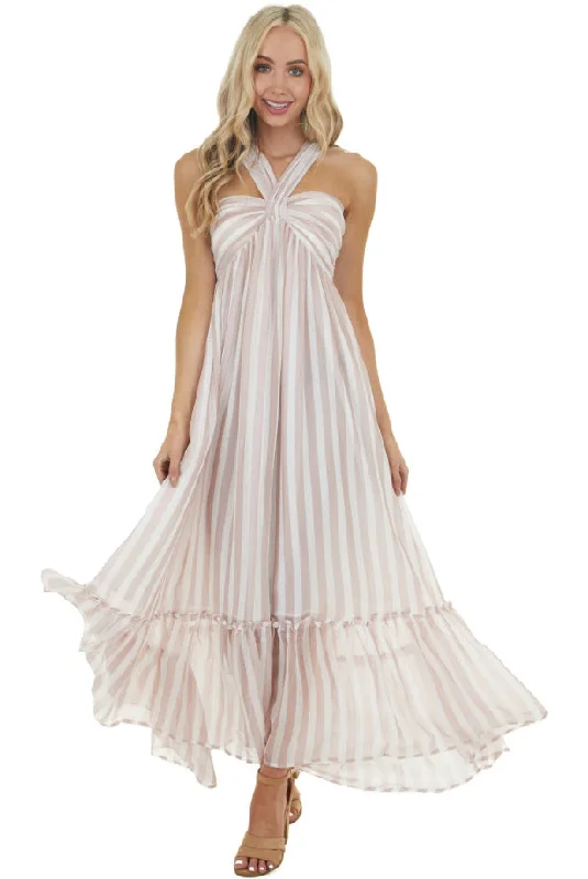 women's lace-up dressesEvelyn Striped Halter Maxi Dress - Blush Multi