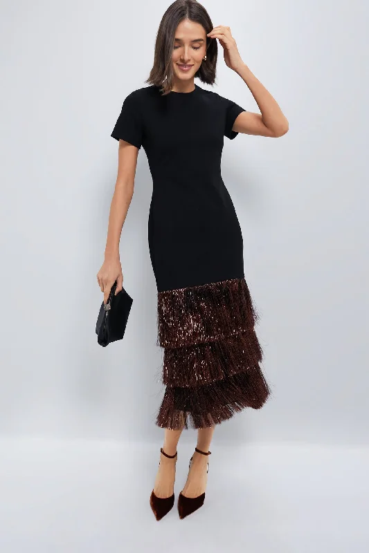 Tea-Length DressBlack & Bronze Metallic Fringe Francie Short Sleeve Maxi Dress