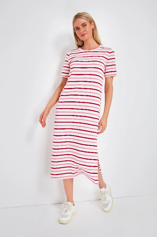 women's stretchy dressesRed and Pink Stripe Short Sleeve Gio Maxi Dress