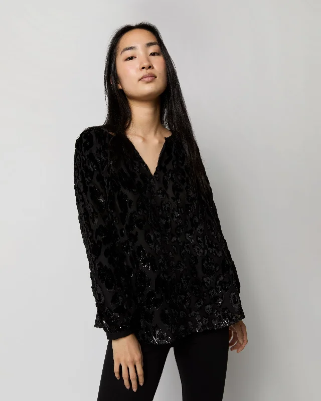 women's tops with ruffled hemsAriana Blouse in Black Leopard Fil Coupé Georgette