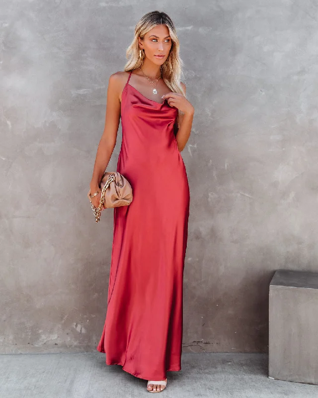 Silk DressLove Letter Satin Cowl Neck Maxi Dress - Rust