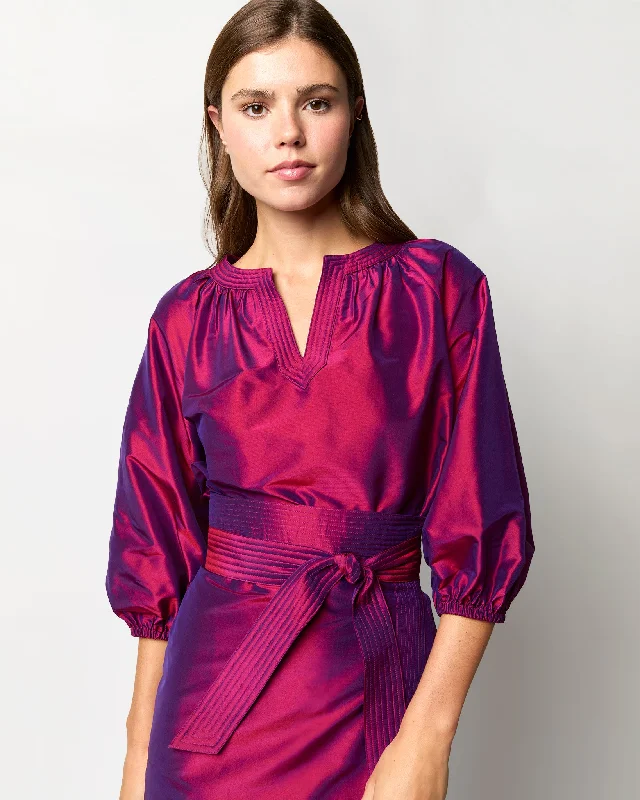 women's tops for fashion-forward individualsTrapunto Blouson Top in Berry Iridescent Silk Shantung